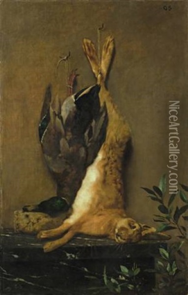 Jagdstilleben Mit Aufgehangtem Hasen Und Einer Ente (pair) Oil Painting - Otto Franz Scholderer