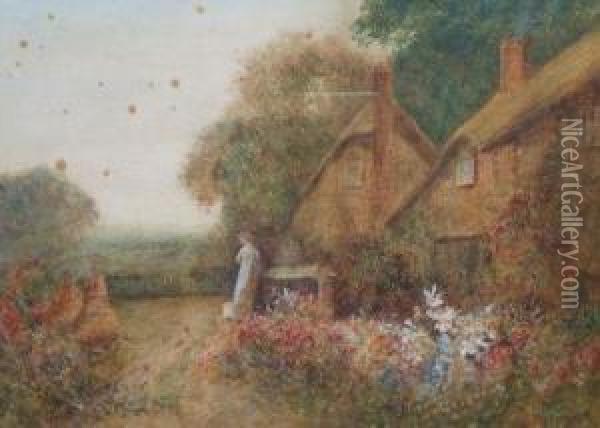 Late Spring, Thatched Cottage Garden In Full Bloom With Figure Oil Painting - Fred Hines