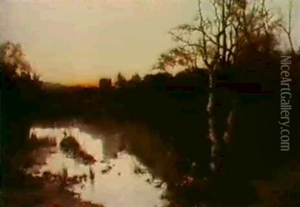 A River Landscape At Dusk Oil Painting - Manuel Garcia y Rodriguez