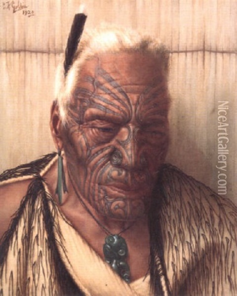 The Last Of The Tohungas 'te Whare Kauri Tahuna' Oil Painting - Charles Frederick Goldie