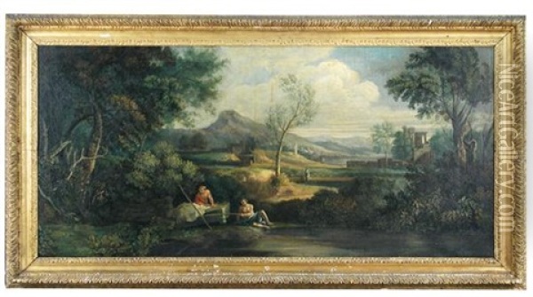 An Italianate Landscape With Travellers Resting By A Lake Oil Painting - Jan Frans van Bloemen