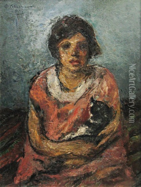 The Girl With The Cat (mariana The Painter's Daughter) Oil Painting - Gheorghe Petrascu