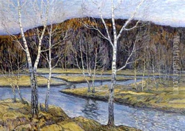 Bjorkar Vid Alv I Fjallandskap Oil Painting - Hugo Carlberg