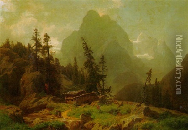 Schweizer Alpenlandschaft Mit Sennerhutte Und Kuhen Oil Painting - Carl Jungheim