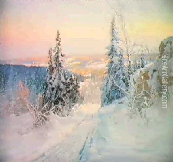 Sladspar Vid Snotyngda Granar-norrlandskt Vinterlandskap Oil Painting - Carl Brandt