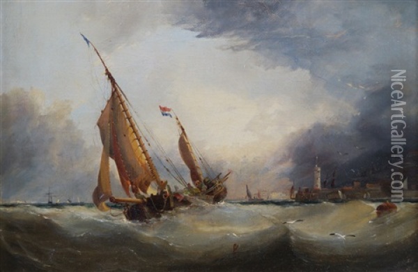 A Dutch Galliot Off Kingstown Harbour Oil Painting - Edwin Hayes