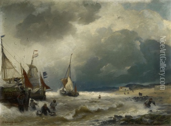 Beach Scene With Sailing Ships Oil Painting - Andreas Achenbach