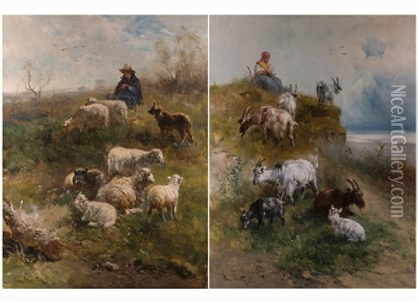 Schafer Mit Schaferhund (+ Schafen Und Schaferin Mit Ziegen In Landschaft; Pair) Oil Painting - Henry Schouten