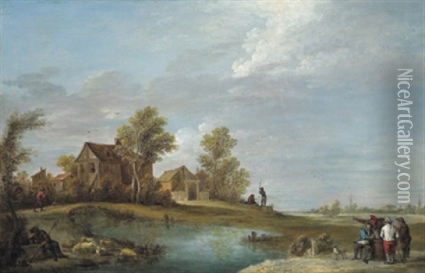 Ein Dorf In Den Dunen Mit Rastenden Bauern Und Einem Hirten Mit Herde Oil Painting - Thomas Van Apshoven