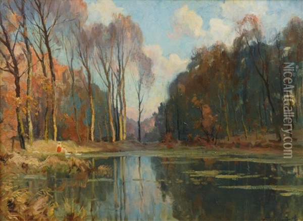 Forest Wood With Walkers And Swans Oil Painting - Jenoe Karpathy