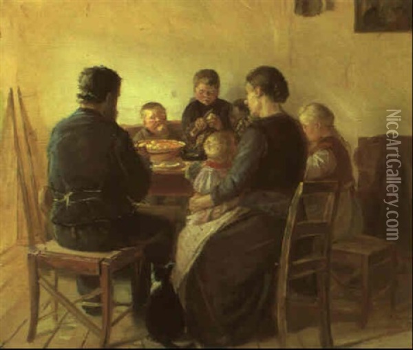 Familien Samlet Omkring Aftensm+l Oil Painting - Anna Kirstine Ancher