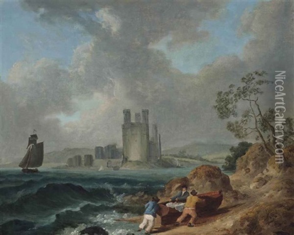 Fishermen Pulling In Their Boat, Carnarvon Castle Beyond Oil Painting - Julius Caesar Ibbetson