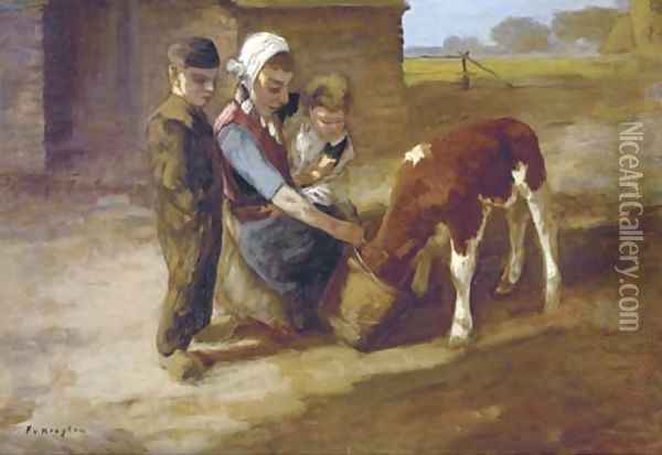 Feeding the little calf Oil Painting - Fedor Van Kregten