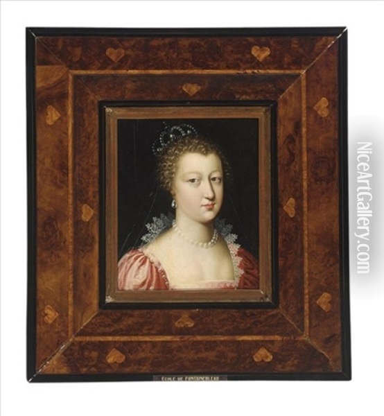 A Portrait Of A Noble Lady, Possibly Anna Of Austria (1601-1666), Head And Shoulders, Wearing A Red Dress With A Lace Collar, Pearl Jewellery And A Pearl Crown Oil Painting - Charles Beaubrun