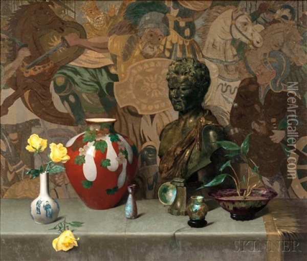 Still Life With Objets D'art And Yellow Roses Oil Painting - Harry Willson Watrous