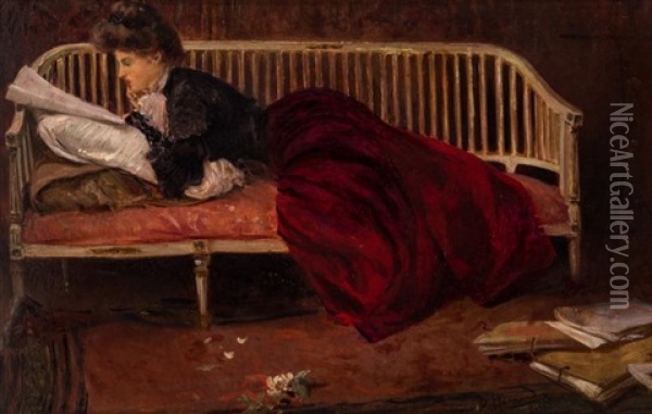 Lady Reading On A Sofa Oil Painting - Daniel Hernandez Morillo