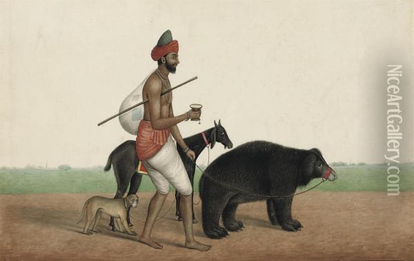 A Travelling Juggler With His Dancing Bear, Monkey And Goat Oil Painting - Shaikh Muhammad Amir Of Karraya