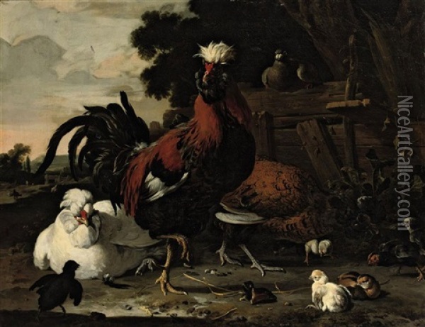 A Rooster, Hens, Chicks And A Pigeon Near A Wood Paling In A Landscape Oil Painting - Melchior de Hondecoeter