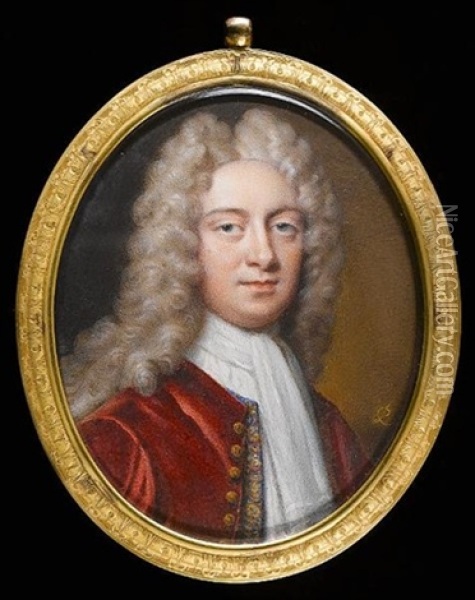 A Gentleman Wearing Crimson Coat With Gold Buttons Over Blue Waistcoat, White Jabot And Long Powdered Wig Oil Painting - Peter Cross