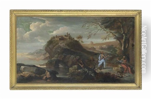 A Coastal Landscape With Hippocrates And Democritus Oil Painting - Joseph Goupy