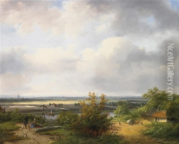 Bei Arnheim. Blick Auf Einige Bauerngehofte Vor Weiter Landschaft Oil Painting - Johanes Petrus van Velzen