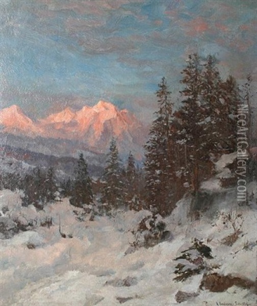 A Mountain Sunset Oil Painting - Anders Andersen-Lundby