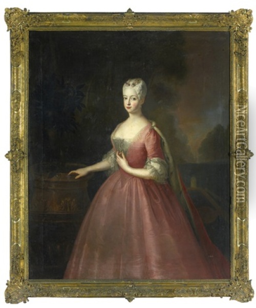 Portrait Of Friederike Luise, Margravine Of Ansbach (1714 - 1784), Three-quarter Length, Wearing A Pink Dress And Standing In A Walled Garden Oil Painting - Antoine Pesne