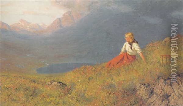 Girl Overlooking A Fjord Oil Painting - Hans Dahl