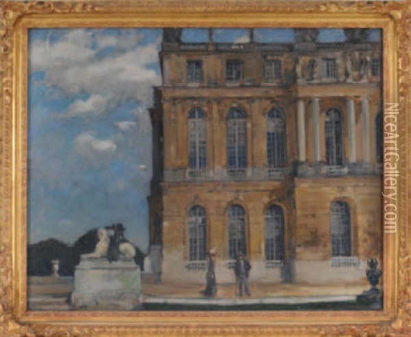 Figures Standing On A Terrace Before A Palace Thought To Be Versailles, Paris Oil Painting - Alexander Jamieson