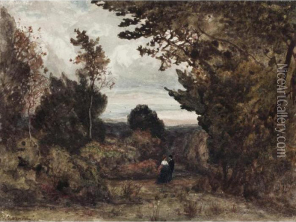 Figures In A Woodland Oil Painting - Henri-Joseph Harpignies