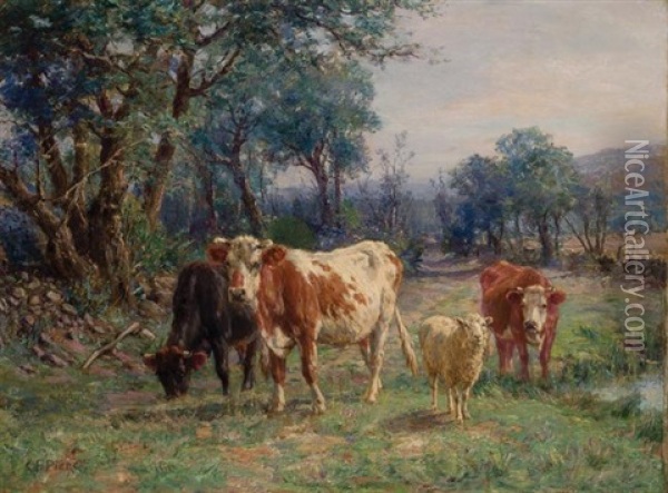 Cattle And Sheep In A Pasture Beside A Stream Oil Painting - Charles Franklin Pierce
