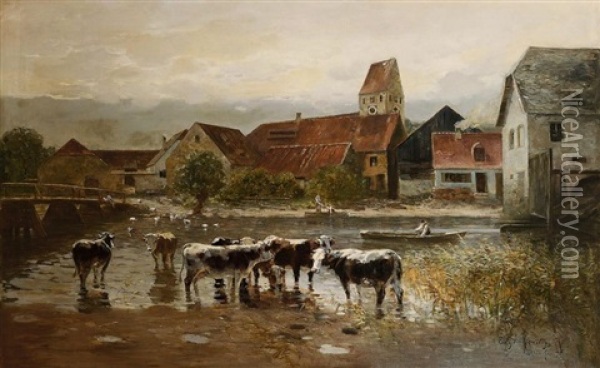 Kuhe Am Dorfweiher Oil Painting - Eugen Horstig