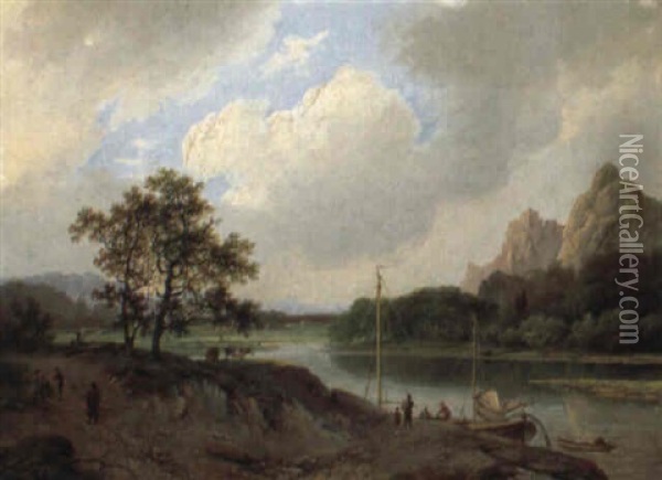 A Rocky River Landscape With A Moored Sailing Vessel And Travellers Oil Painting - Marinus Adrianus Koekkoek