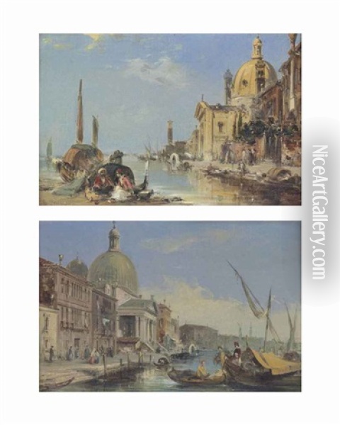 View Of Santa Maria Del Rosario (i Gesuati), On The Giudecca Canal, Venice And San Simeone Piccolo On The Grand Canal, Venice (2 Works) Oil Painting - Edward Pritchett
