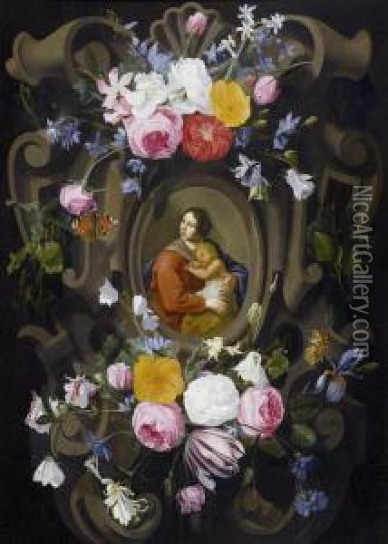 Madonna And Child Within A Garland. Oil Painting - Jan Philip van Thielen