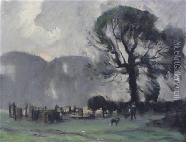 Following Sheep, September Morning Oil Painting - Albert Ernest Bottomley