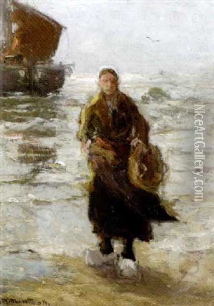 Fishing Girl On The Beach Oil Painting - Gerhard Arij Ludwig Morgenstjerne Munthe