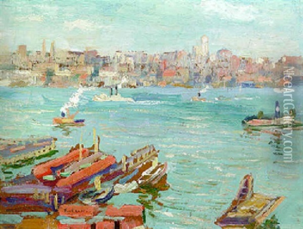 Hudson River And New York Skyline Oil Painting - Ernest Lawson