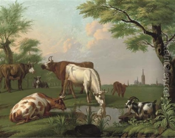 Cows And A Goat By A Pool Of Water, A Church Tower Beyond Oil Painting - Jan van Gool
