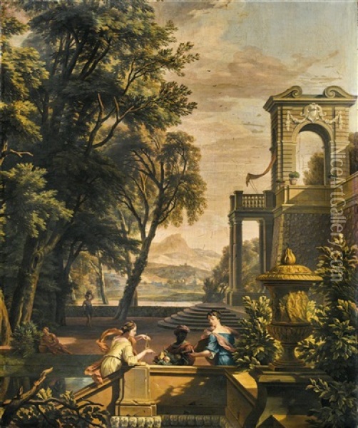 A Park Landscape With Figures Making Music; And A Coastal Landscape With Figures By A Fountain Near A Portico Oil Painting - Isaac de Moucheron