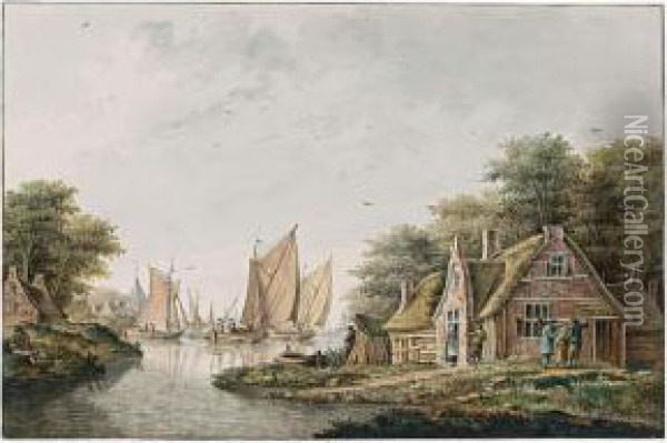 Shipping In An Estuary By A Village, A City Beyond Oil Painting - Theodor (Dirk) Verrijk