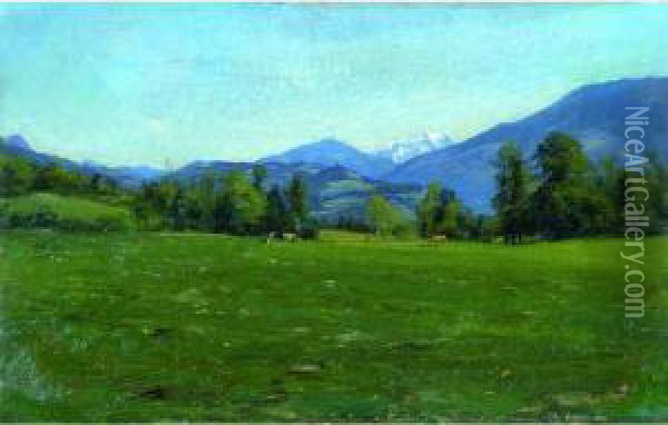 Environs Dalbertville, En Fond Le Mont-blanc. Oil Painting - Charles Alexandre Bertier
