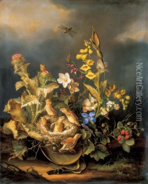 Still Life With Bird Nest Oil Painting - Carl Gruber