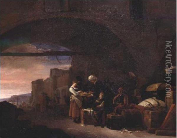 Traders At A Mediterranean Port Oil Painting - Thomas Wyck