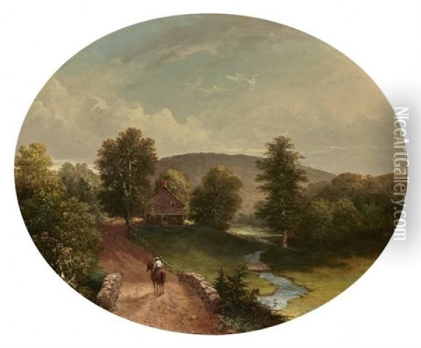 Horse And Rider Crossing A Bridge In The Countryside Oil Painting - Walter Mason Oddie