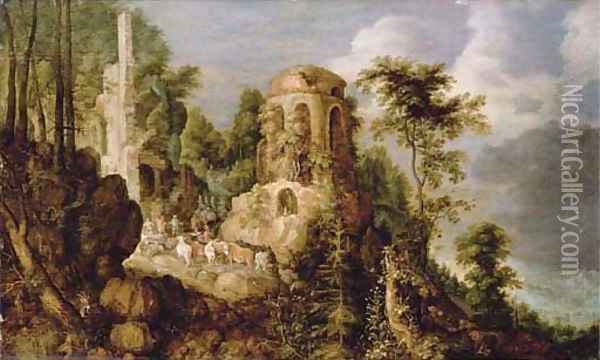 A rocky landscape with a stream and classical ruins, with the Reconcilliation of Jacob and Laban Oil Painting - Roelandt Jacobsz Savery