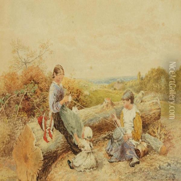 The Girls Are Winding The Yarn Oil Painting - Myles Birket Foster