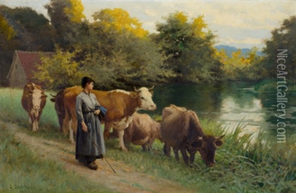 Young Woman By A Stream With Cattle Oil Painting - Edouard Bernard Debat-Ponsan