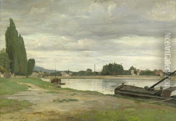 Fluslandschaft Mit Ankerndem Lastkahn Oil Painting - Charles Francois Daubigny