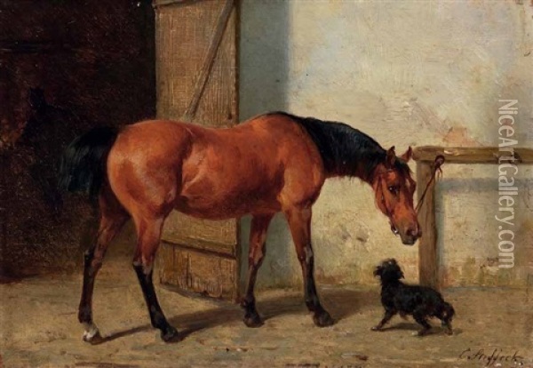 Pferd Und Kleiner Hund Oil Painting - Carl Constantin Steffeck